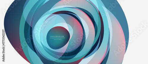 Abstract circular layers create dynamic visual effect. Soft color gradients blend, forming modern background design. Minimalist style.