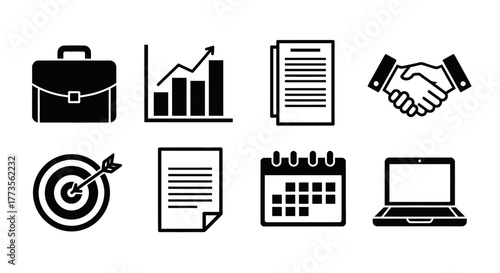 Business icons: briefcase, graph, documents, handshake, target, calendar, laptop.