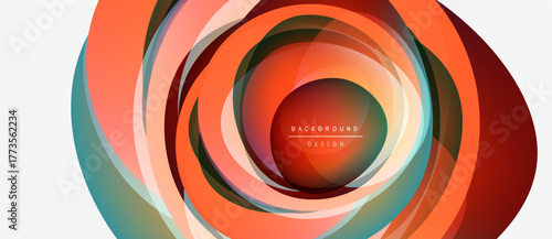Abstract circular layers create dynamic visual effect. Orange, teal hues blend, forming modern background design. Minimalist text present.