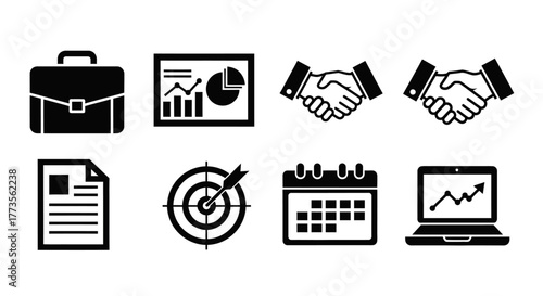 Business icons set: briefcase, chart, handshake, document, target, calendar, laptop with graph.