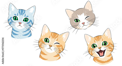 A delightful arrangement of four cartoon cat faces, each with a distinct expression, featuring a blue tabby, a winking orange tabby, a winking grey cat, and a happy orange tabby, isolated on white.