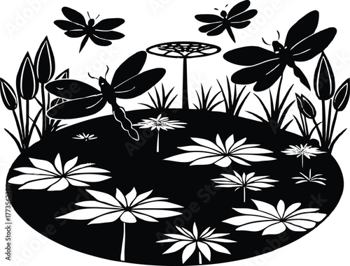 Waterlily Pond With Dragonflies Silhouette | Pond Life With Lotus And Dragonflies Silhouette