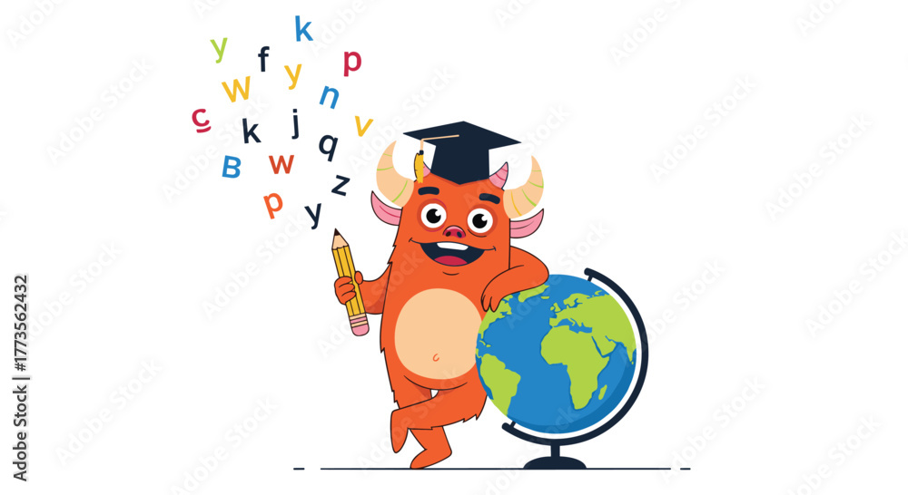 Naklejka premium A cheerful, horned orange monster wearing a graduation cap happily studies with a pencil and a globe, as colorful letters float around, symbolizing global education and learning.
