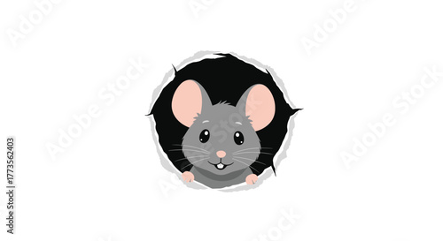 A charming gray cartoon mouse with large pink ears, whiskers, and a joyful smile peeks curiously from a dark, torn hole against a bright white background, illustrating discovery and innocence.