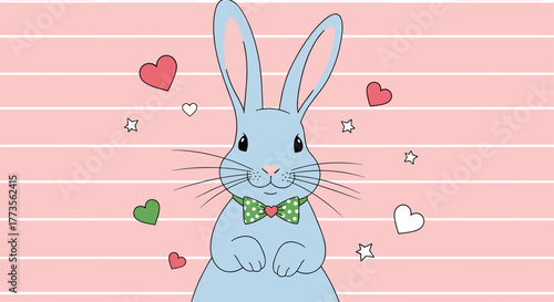 A charming light blue cartoon bunny, wearing a green polka-dot bow tie with a red heart, smiles gently from a sweet pink striped background adorned with scattered hearts and stars.