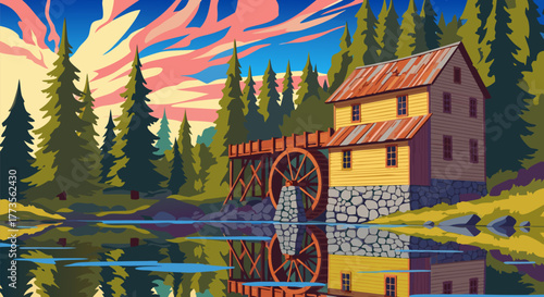 Serene countryside landscape featuring a rustic watermill beside a calm lake reflecting the vibrant sunset sky, surrounded by lush pine trees