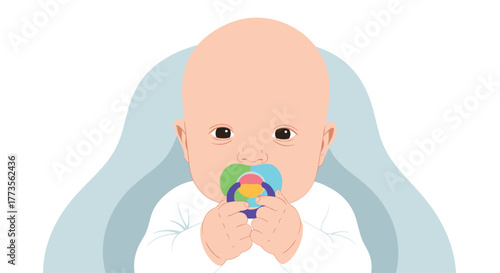 A cute and innocent baby holding a vibrant, multi-colored pacifier while looking directly forward, depicted in a minimalist and clean vector illustration.