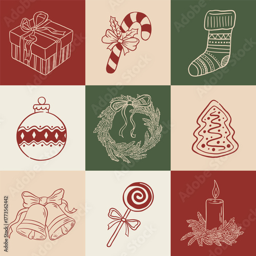 Hand drawn retro Christmas seamless pattern with decorations, wreath, sweets and gifts. Vintage New Year vector illustration. Winter holiday background