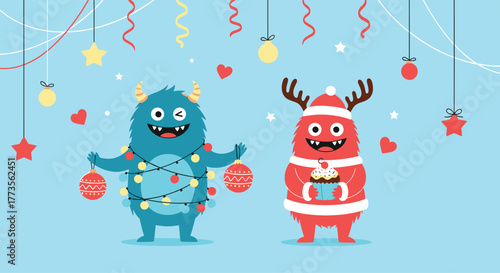 Adorable blue and red cartoon monsters celebrate Christmas, one adorned with festive lights and holding an ornament, the other dressed as Santa-reindeer, holding a cupcake on a bright blue background.