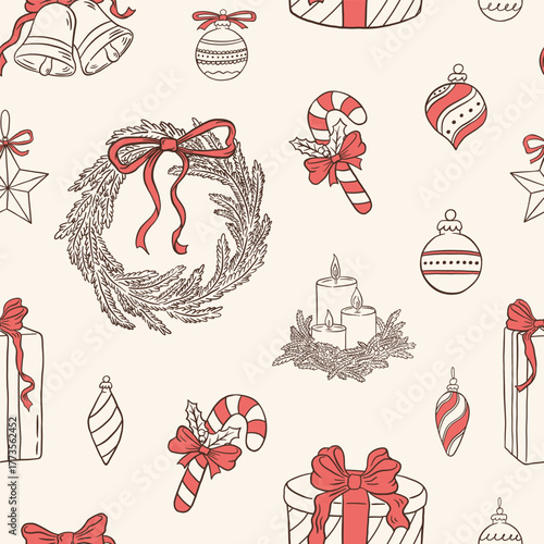 Retro hand drawn Christmas decoration elements seamless pattern. Vintage New Year tile vector illustraion. Xmas wrapping paper