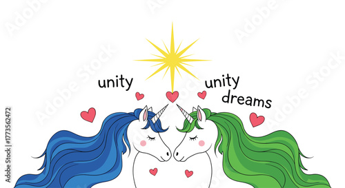 Two charming unicorns with blue and green manes face each other, celebrating unity and shared dreams under a radiant star, encircled by floating hearts.