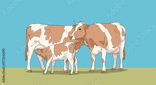 A beautiful illustration depicting a cow family in a natural farm setting, with a mother cow tenderly nursing her calf while another adult stands nearby.