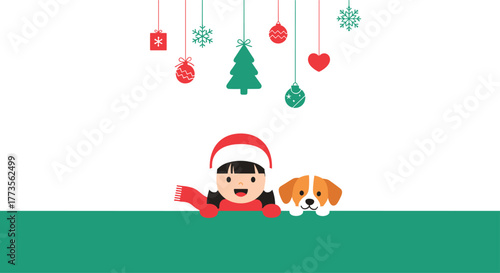 A cute little girl in a Santa hat and her dog joyfully peek over a green border, with various festive Christmas ornaments hanging above.