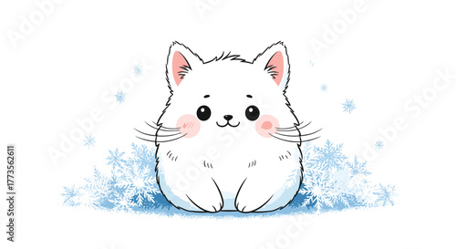 An adorable, fluffy white cartoon cat with rosy cheeks sits contentedly in a pile of blue snowflakes, looking happy and sweet, against a clear white background.