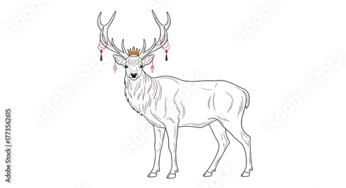A regal white deer with elaborate antlers adorned with a golden crown and decorative tassels, depicted in a clean line art style on a plain white background.