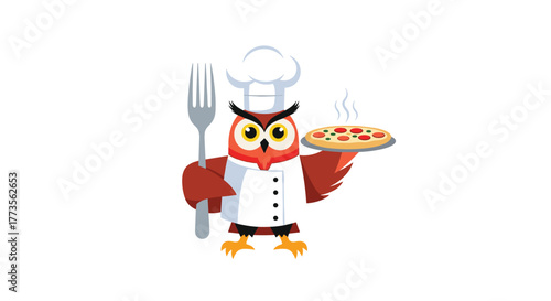 A wise cartoon owl chef wearing a white toque and coat holds a steaming hot pizza on a plate in one wing and a large fork in the other, ready to serve.