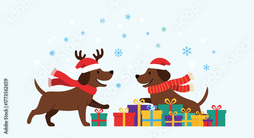 Two cheerful brown dogs, dressed in festive Santa hats, red scarves, and reindeer antlers, celebrate Christmas with falling snow and colorful holiday presents.