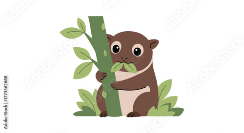 A charming cartoon brown rodent or small mammal, depicted in a flat vector style, attentively holding onto a green tree branch and happily nibbling on fresh leaves.