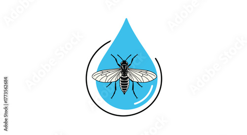 A graphic illustration featuring a black and white insect, resembling a mosquito or fly, contained within a blue water droplet and a partial circular frame.