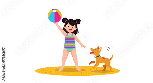 A cheerful young girl in a striped swimsuit stands on the sand holding a colorful beach ball as her playful dog wags its tail beside her.