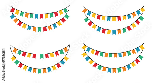Vibrant and colorful party flags on strings, arranged in playful arcs against a clean white background, creating a festive and celebratory atmosphere for events.