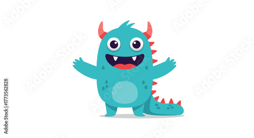 A friendly, happy teal blue cartoon monster character with red horns and spines stands with its arms wide open, smiling cheerfully, perfect for playful themes.