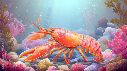 Fototapeta Naklejka Na Ścianę i Meble -  large crayfish on the seabed surrounded by coral reefs