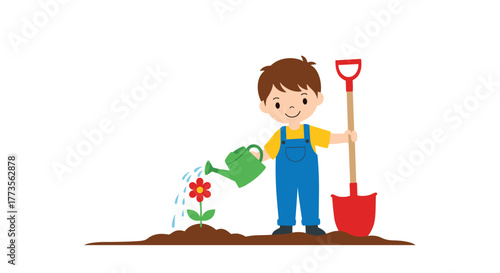 A smiling boy in blue overalls and a yellow shirt waters a vibrant red flower with a green watering can, while holding a red shovel, depicting gardening and nature.