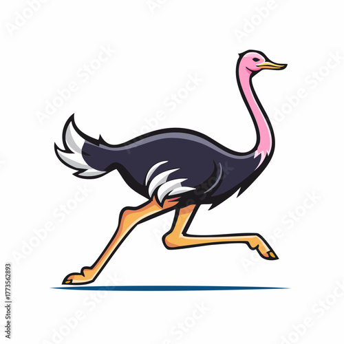 Cartoon ostrich running with determination and elegance, embodying speed and agility