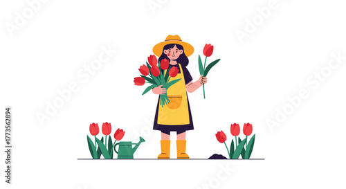 A young woman wearing a yellow hat, apron, and boots smiles while holding a large bouquet of red tulips and another single tulip, with more tulips and a watering can on the ground.