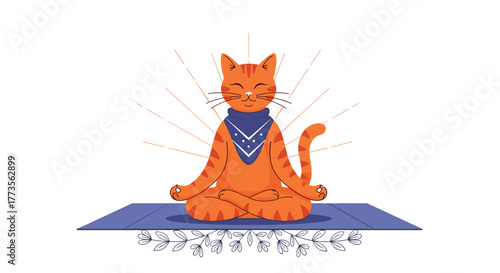 An adorable orange tabby cat is seen meditating peacefully in a lotus position on a yoga mat, adorned with a stylish blue bandana and surrounded by soft, radiant light.
