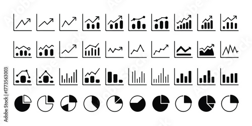 Minimalist black and white business analytics icons, line graphs, bar charts, pie charts, data visualization symbols, clean geometric style, organized layout, white background, professional design.