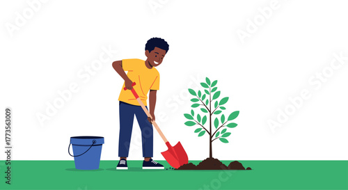A cheerful young boy with dark skin and curly hair is actively digging the soil with a red shovel to plant a small green tree, with a blue bucket nearby.