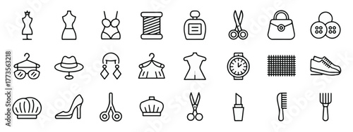 Minimalist black and white fashion icons set, 30 line art symbols including clothing, accessories, shoes, jewelry, handbags, hats, makeup, arranged in grid on white background.