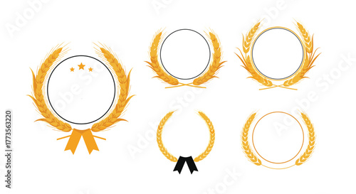 A collection of golden wheat wreath designs with circular frames, some featuring ribbons or stars, perfect for logos, emblems, badges, or award certificates, symbolizing quality and achievement.