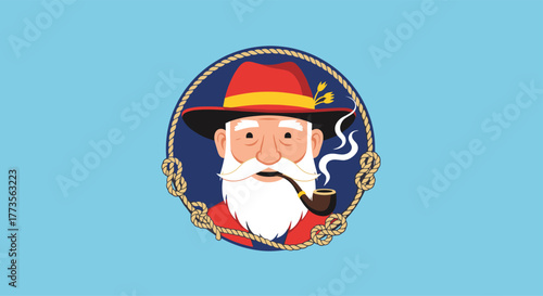 A cartoon illustration of a friendly old man with a white beard and mustache, wearing a red hat, smoking a pipe, framed by a nautical rope on a light blue background.