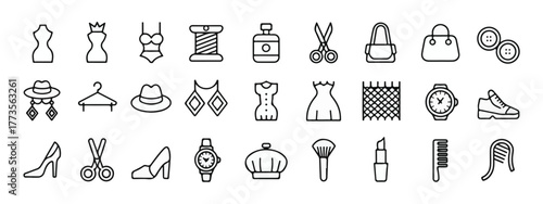 Minimalist black and white fashion icons set, 30 line art symbols including clothing, accessories, shoes, jewelry, handbags, hats, makeup, arranged in grid on white background.
