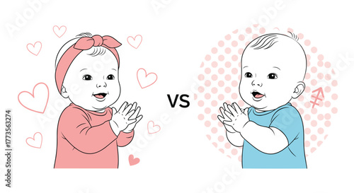 A cheerful cartoon baby girl in pink with hearts and a joyful baby boy in blue with a zodiac symbol clap their hands, representing gender comparison or a fun contest.