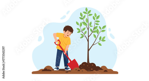 A young boy happily plants a small tree in the ground using a red shovel, demonstrating environmental care and connection with nature.