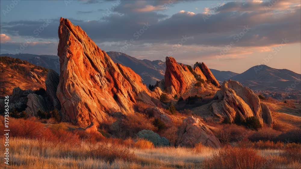 Fototapeta premium Beautiful Red Sandstone Rock Formation at Roxborough State Park, Denver, Colorado, at Sunset