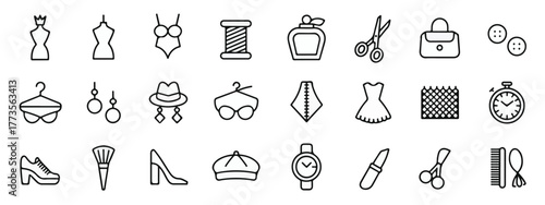 Minimalist black and white fashion icons set, 30 line art symbols including clothing, accessories, shoes, jewelry, handbags, hats, makeup, arranged in grid on white background.
