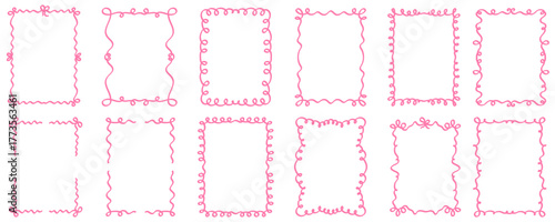Set of hand drawn coquette frames with wavy lines, bows and ribbons. Curvy vintage whimsical borders. Great for wedding invitations, birthday card, prints.