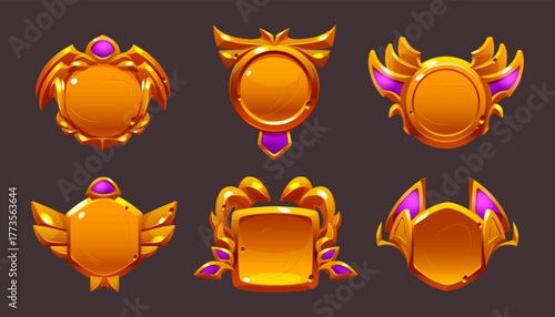 Golden game award badges, level ui icons, frames