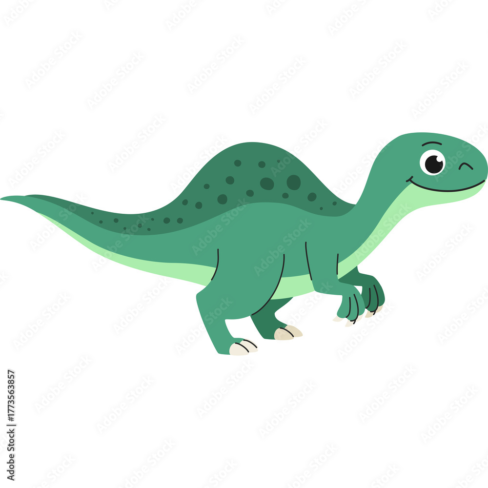 Fototapeta premium Adorable green cartoon dinosaur with textured back and a long tail walking with a happy expression on its face isolated on white background