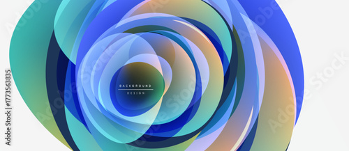 Abstract layered shapes create vibrant circular design. Blue, teal, orange hues blend seamlessly. Modern background element.