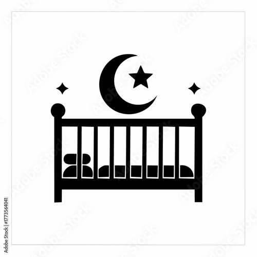 Crescent moon and star over baby crib, peaceful night, children's sleep symbol