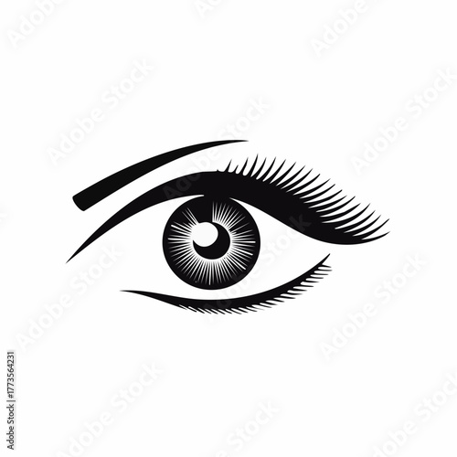 Elegant black and white illustration of an eye with detailed eyelashes artwork