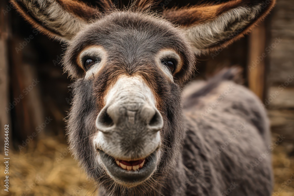Fototapeta premium Braying Donkey. Closeup of Cute Mini Donkey with Funny Face on Farm