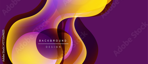 Abstract fluid shapes, vibrant colors, dynamic composition. Purple background enhances golden, orange gradients. Modern design element.