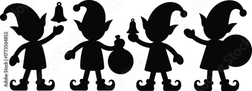 Christmas elf silhouette, festive costume, holiday character, bell ringer, gift sack, seasonal design, whimsical figure, celebration art, toy helper, decoration